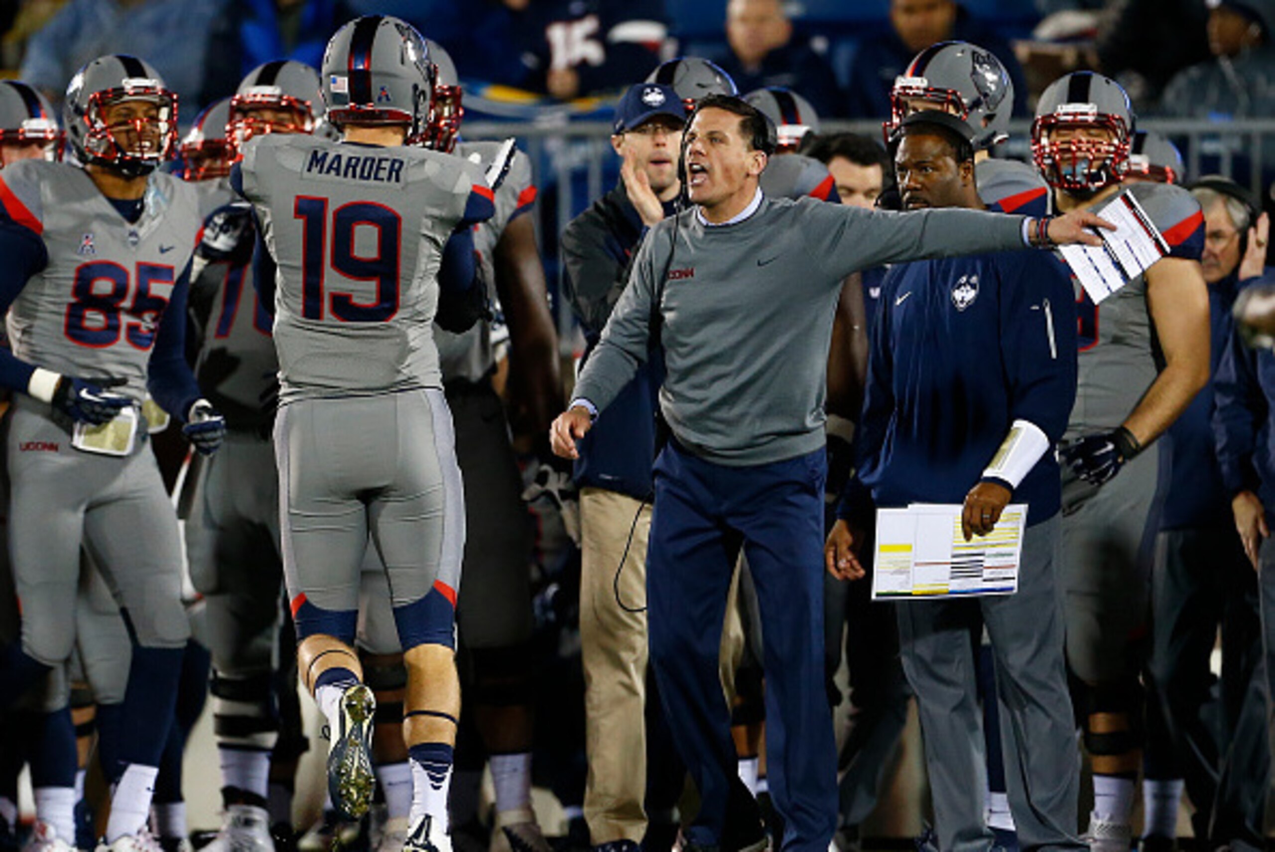 EAST HARTFORD, CT - NOVEMBER 21: Head coach Bob Diaco of the Connecticut Huskies yells to his team during the fourth quarter against the Houston Cougars at Rentschler Field on November 21, 2015 in East Hartford, Connecticut. The Huskies defeated the Couga
