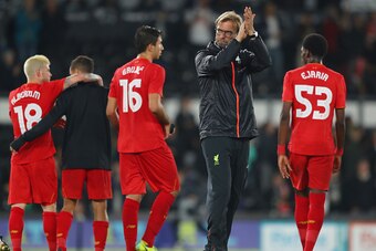 DERBY, ENGLAND - SEPTEMBER 20:  Jurgen Klopp, Manager of Liverpool waves to supporters following victory in the EFL Cup Third Round match between Derby County and Liverpool at iPro Stadium on September 20, 2016 in Derby, England.  (Photo by Richard Heathc