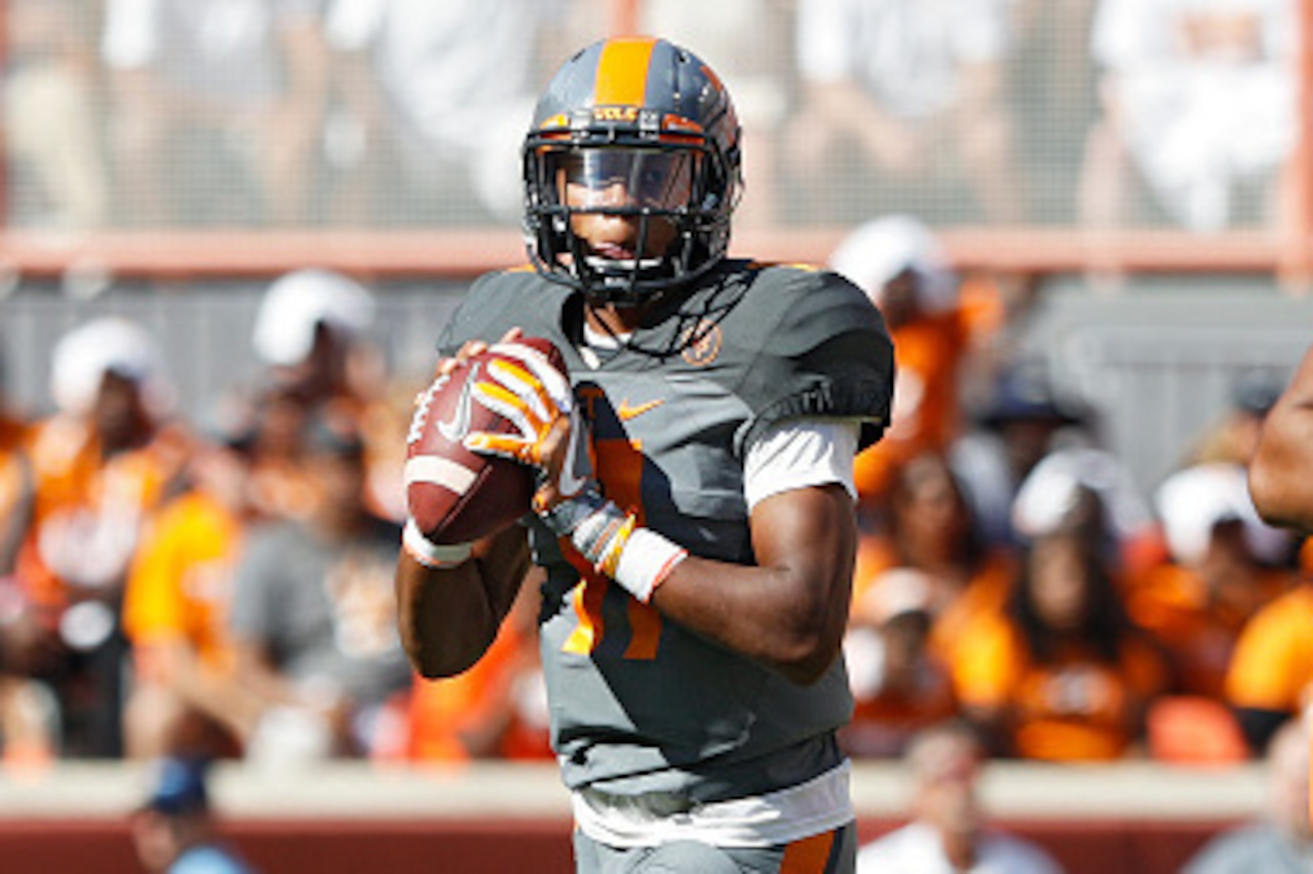 KNOXVILLE, TN - SEPTEMBER 24: Joshua Dobbs #11 of the Tennessee Volunteers looks to pass against the Florida Gators in the first quarter at Neyland Stadium on September 24, 2016 in Knoxville, Tennessee. (Photo by Joe Robbins/Getty Images)