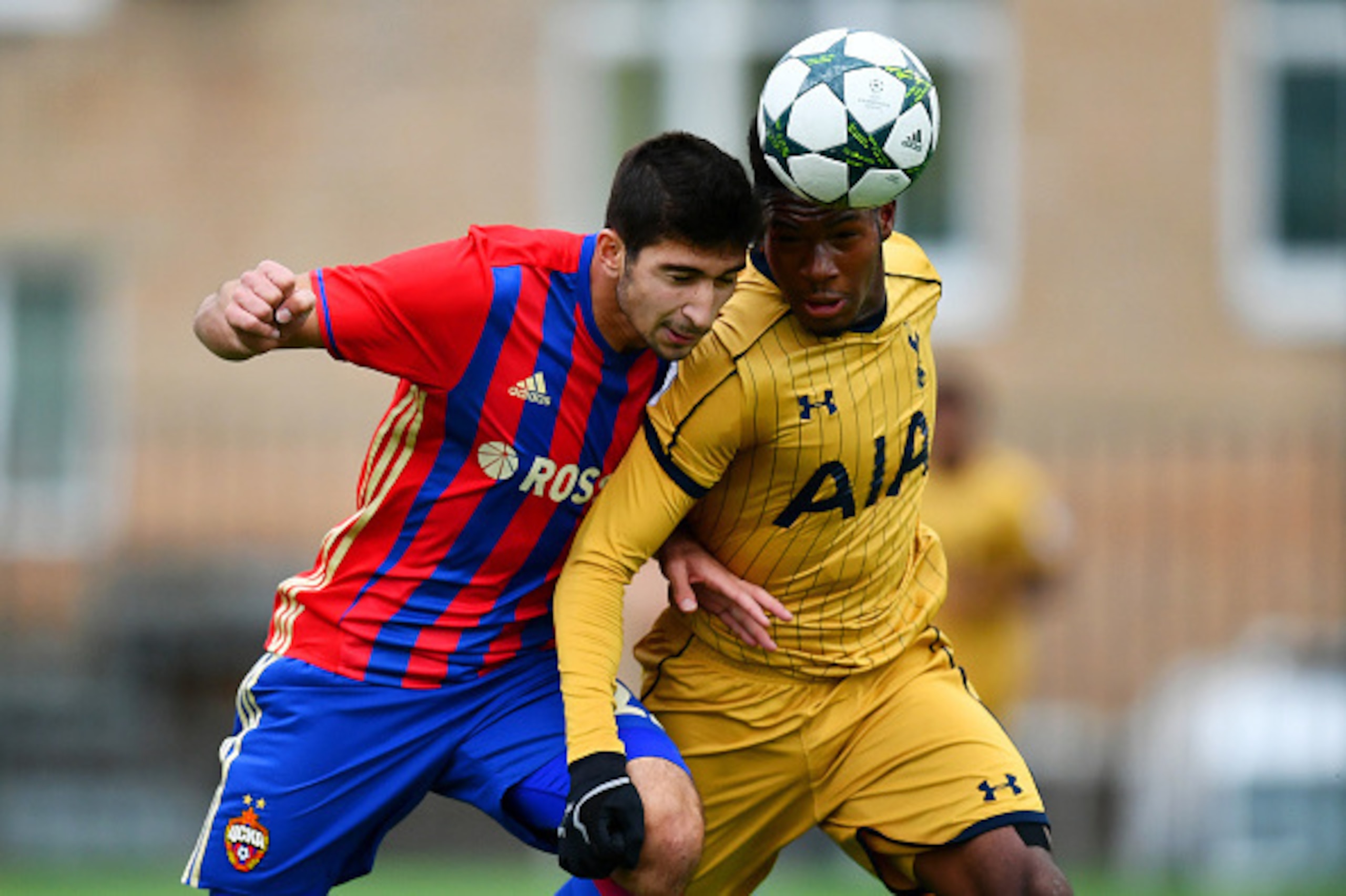 MOSCOW, RUSSIA - SEPTEMBER 27:  Reo Griffiths of Tottenham Hotspur FC heads the ball under pressure from Mutalip Alibekov of PFC CSKA Moskva during the UEFA Champions League Youth match between PFC CSKA Moskva and Tottenham Hotspur FC at Oktyabr Stadium o
