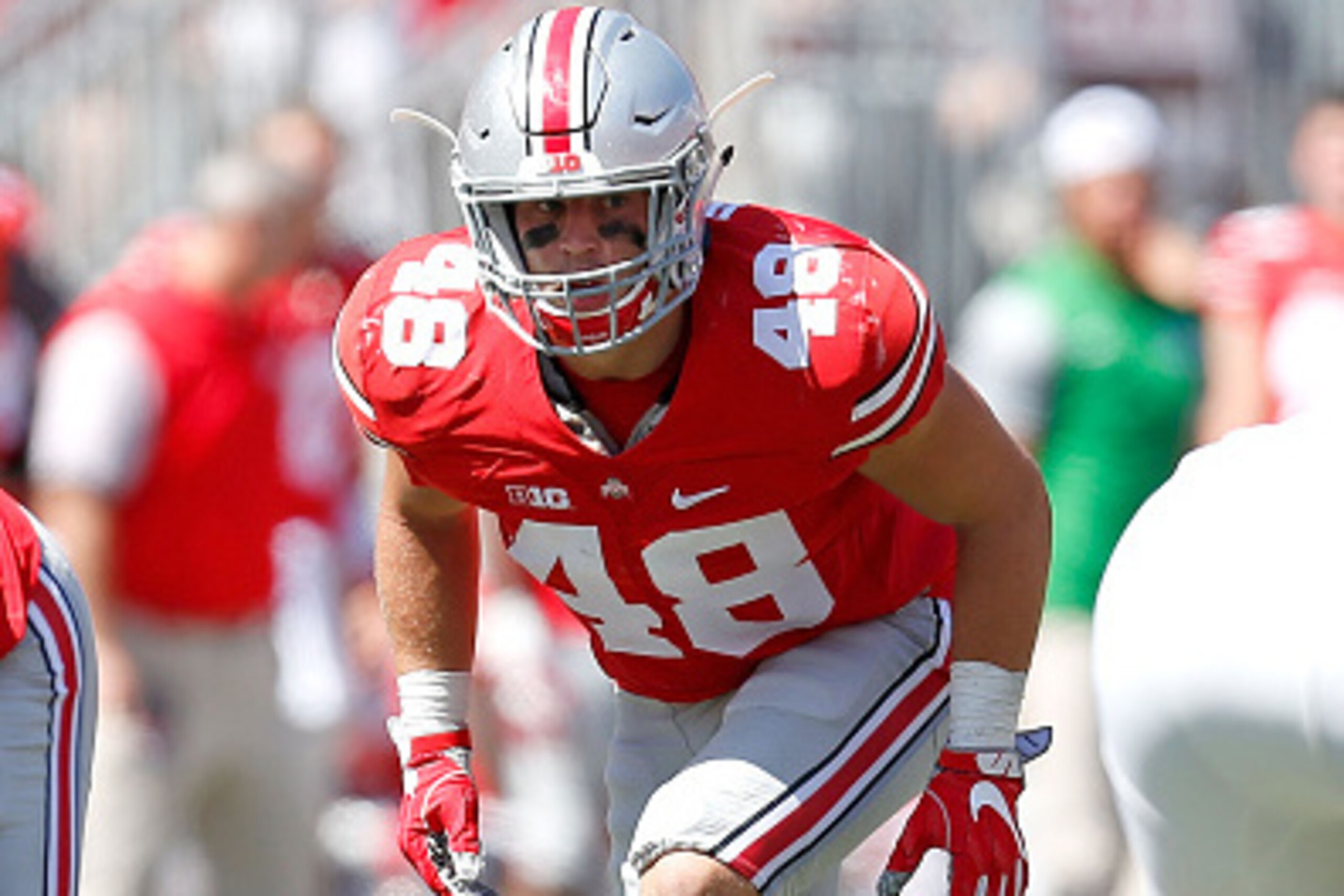 COLUMBUS, OH - SEPTEMBER 3:  Joe Burger #48 of the Ohio State Buckeyes lines up for a play during the game against the Bowling Green Falcons on September 3, 2016 at Ohio Stadium in Columbus, Ohio. Ohio State defeated Bowling Green 77-10. (Photo by Kirk Ir