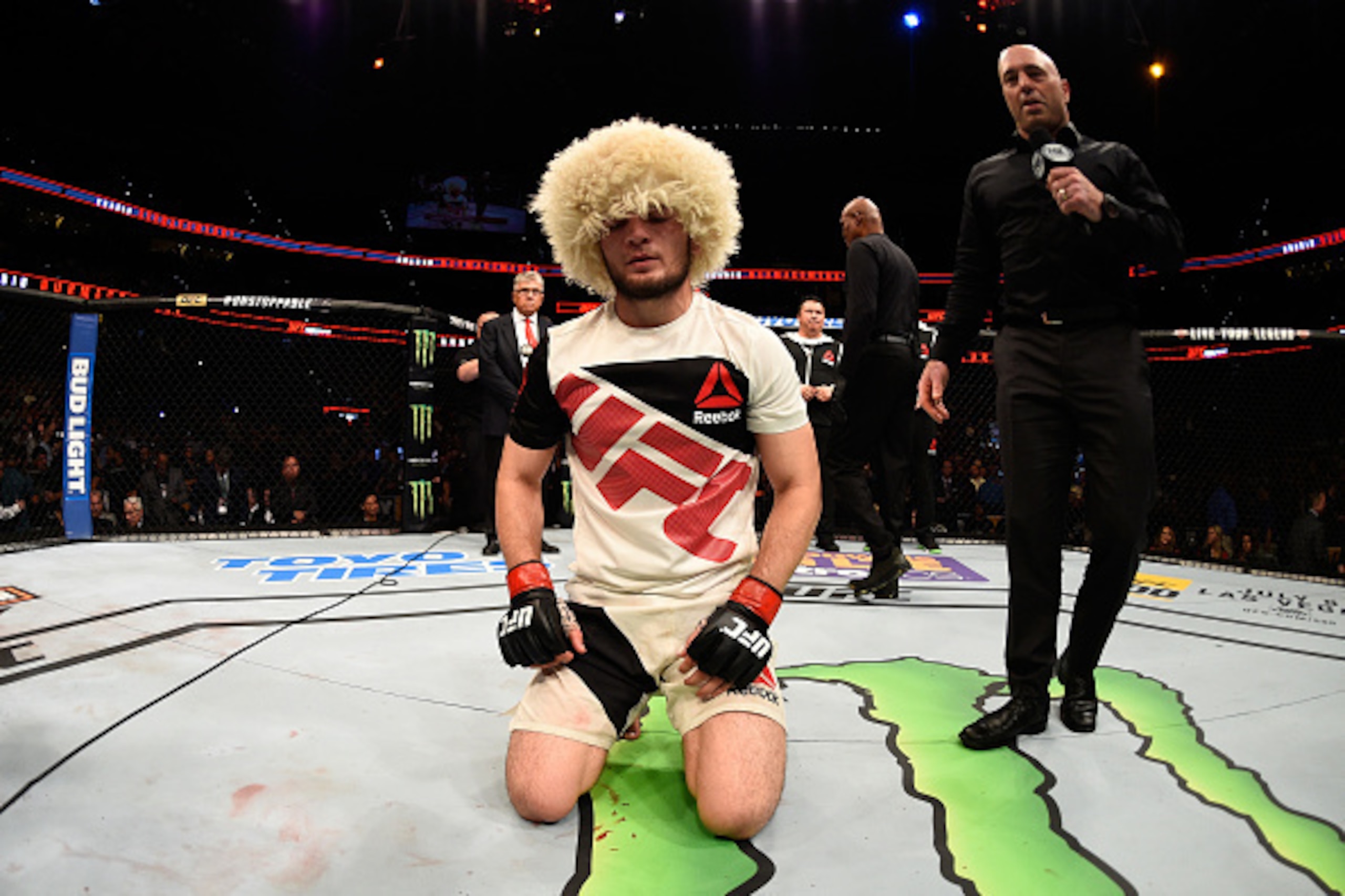 TAMPA, FL - APRIL 16:   Khabib Nurmagomedov celebrates his victory over Darrell Horcher in their lightweight bout during the UFC Fight Night event at Amalie Arena on April 16, 2016 in Tampa, Florida. (Photo by Jeff Bottari/Zuffa LLC/Zuffa LLC via Getty Im