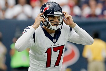 HOUSTON, TX - SEPTEMBER 11: Brock Osweiler #17 of the Houston Texans calls an audible against the Chicago Bears in the second half at NRG Stadium on September 11, 2016 in Houston, Texas. Texans won 23 to 14. (Photo by Thomas B. Shea/Getty Images)