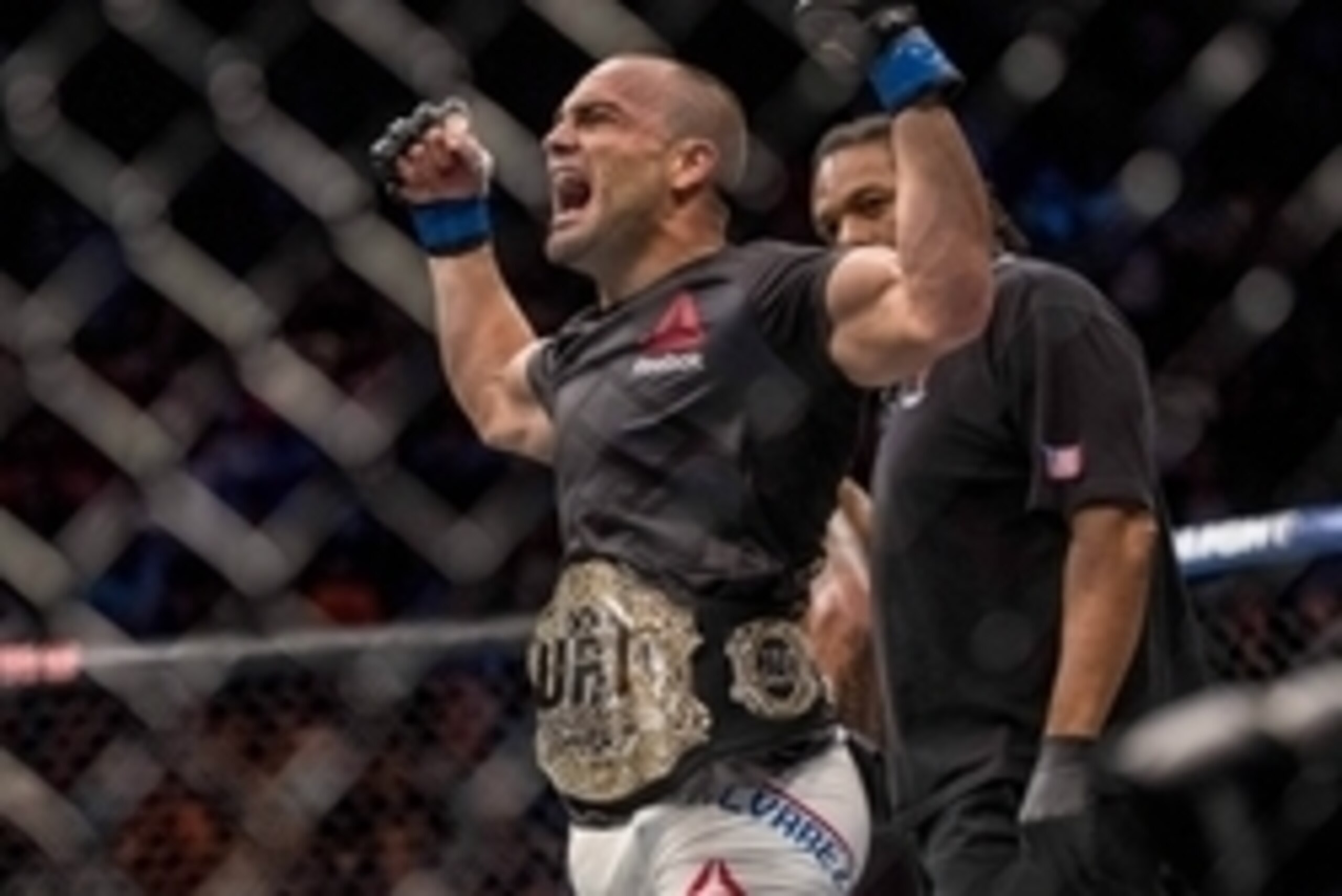 Jul 7, 2016; Las Vegas, NV, USA; Eddie Alvarez reacts following his victory against Rafael Dos Anjos during UFC Fight Night at MGM Grand Graden Arena. Mandatory Credit: Joshua Dahl-USA TODAY Sports