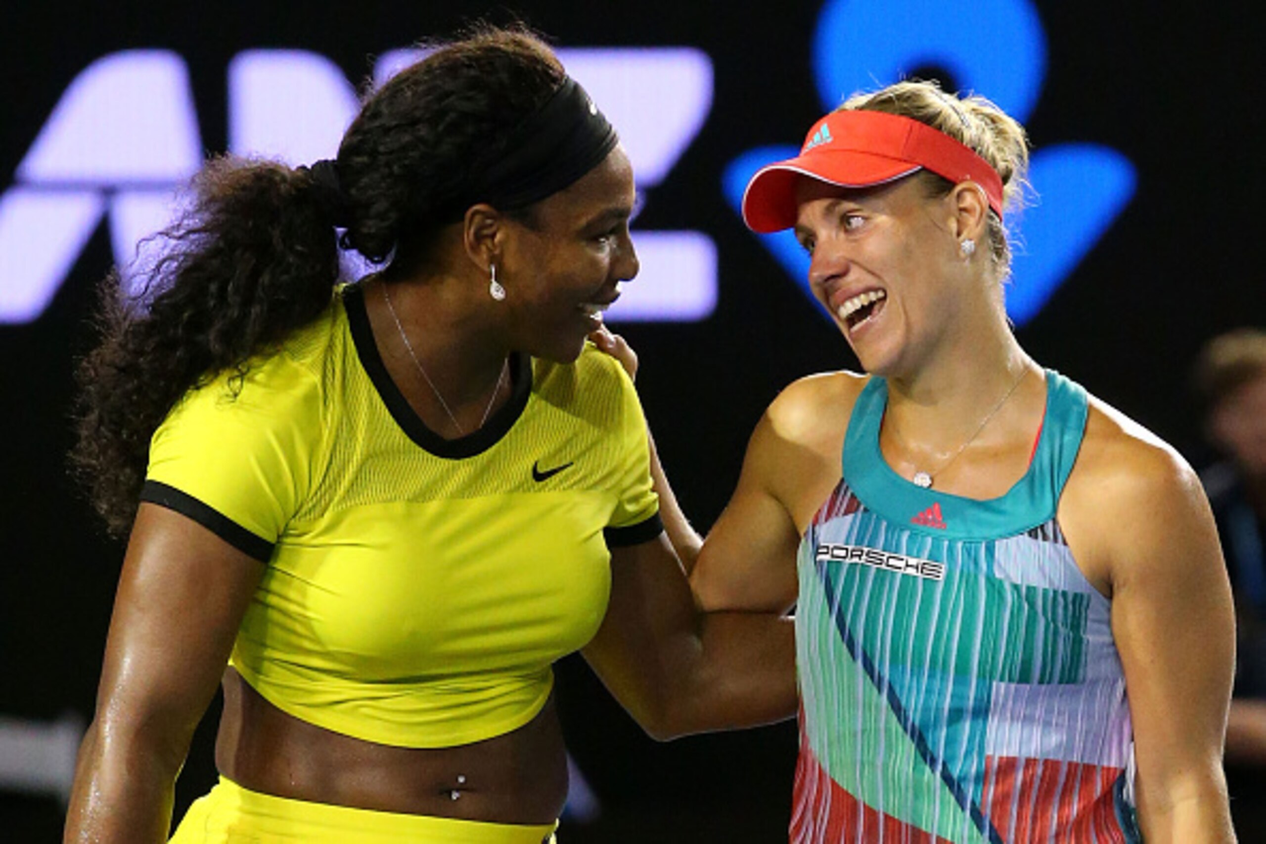 MELBOURNE, AUSTRALIA - JANUARY 30:  Angelique Kerber of Germany is congratulated by Serena Williams of the United States after winning the Women's Singles Final on day 13 of the 2016 Australian Open at Melbourne Park on January 30, 2016 in Melbourne, Aust