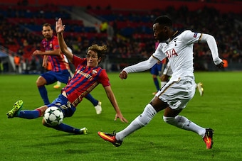 MOSCOW, RUSSIA - SEPTEMBER 27:  Georges-Kevin Nkoudou of Tottenham Hotspur beats Mario Fernandes of CSKA Moscow during the UEFA Champions League Group E match between PFC CSKA Moskva and Tottenham Hotspur FC at Stadion CSKA Moskva on September 27, 2016 in