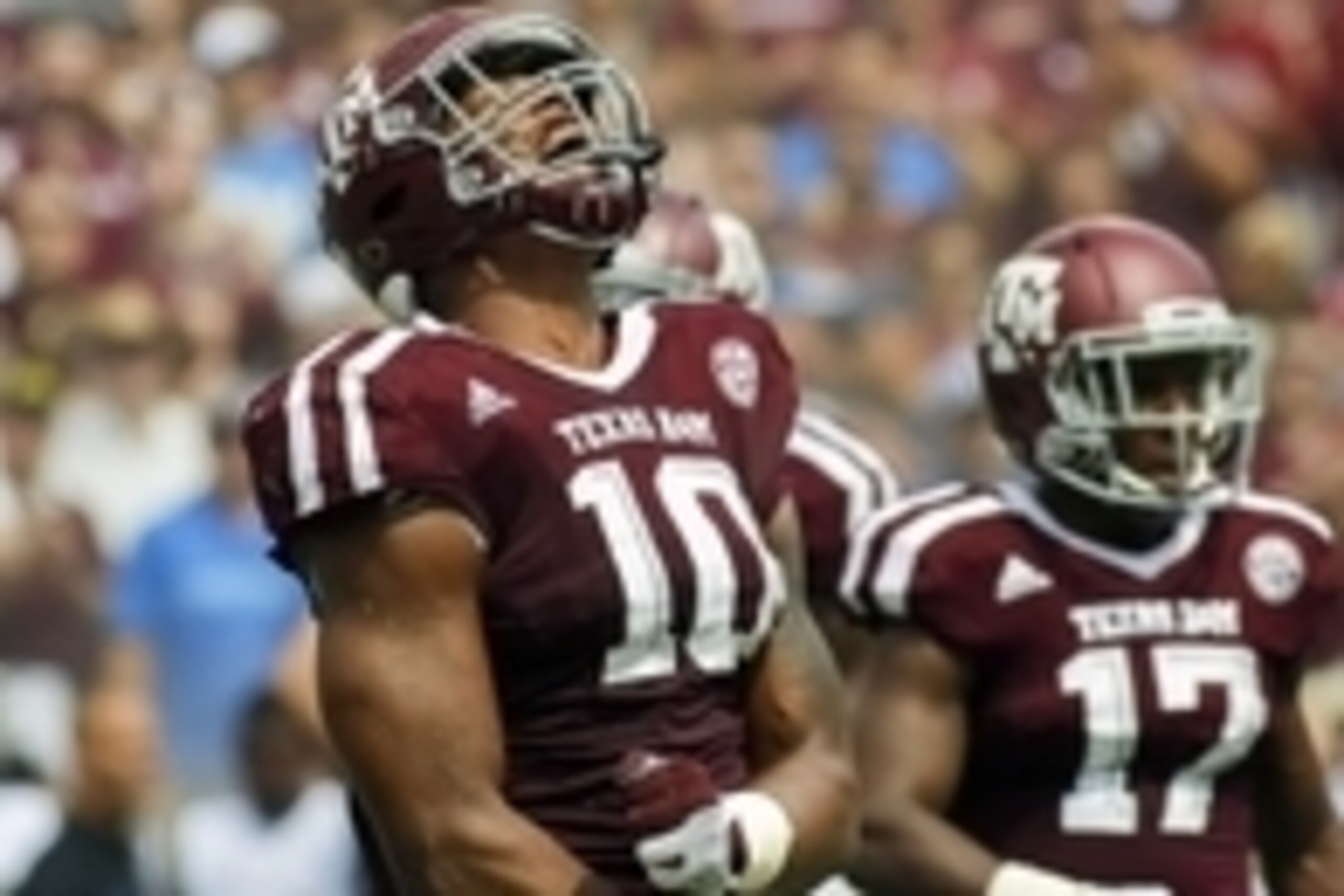 Sep 3, 2016; College Station, TX, USA; Texas A&M Aggies defensive lineman Daeshon Hall (10) reacts to a tackle against the UCLA Bruins during a game at Kyle Field. Texas A&M won in overtime 31-24. Mandatory Credit: Ray Carlin-USA TODAY Sports