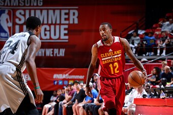 LAS VEGAS, NV - JULY 16: Jordan McRae #12 of the Cleveland Cavaliers handles the ball during the game against the Brooklyn Nets during the 2016 NBA Las Vegas Summer League at the Thomas & Mack Center on July 16, 2016 in Las Vegas, Nevada. NOTE TO USER: Us