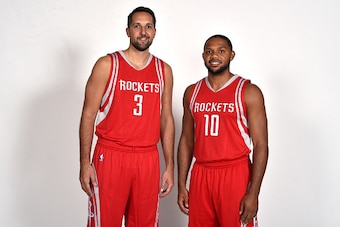 HOUSTON, TX - JULY 09:  Ryan Anderson #3 and Eric Gordon #10 of the Houston Rockets pose for a portrait on July 9, 2016 at Toyota Center in Houston, Texas. NOTE TO USER: User expressly acknowledges and agrees that, by downloading and or using this photogr