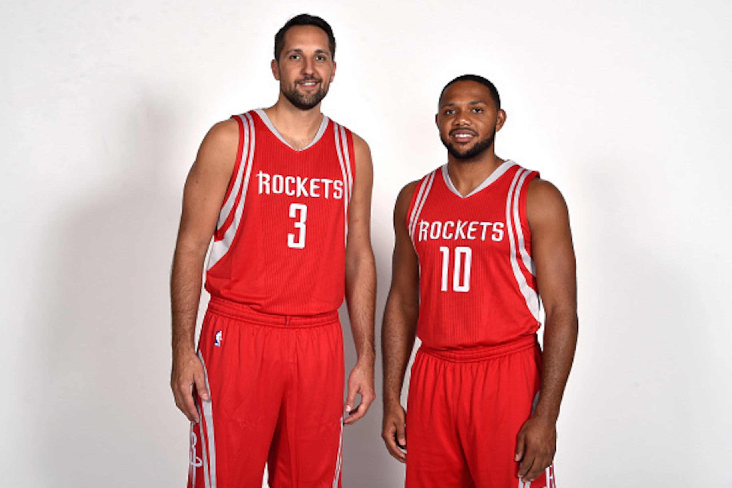 HOUSTON, TX - JULY 09:  Ryan Anderson #3 and Eric Gordon #10 of the Houston Rockets pose for a portrait on July 9, 2016 at Toyota Center in Houston, Texas. NOTE TO USER: User expressly acknowledges and agrees that, by downloading and or using this photogr