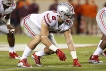Sep 7, 2015; Blacksburg, VA, USA; Ohio State Buckeyes defensive end Sam Hubbard (6) lines up against the Virginia Tech Hokies at Lane Stadium. Mandatory Credit: Geoff Burke-USA TODAY Sports