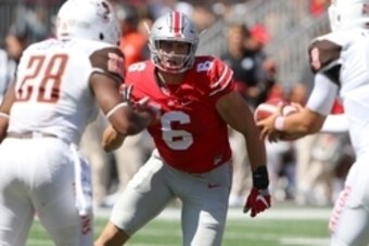 Sep 3, 2016; Columbus, OH, USA;  Ohio State Buckeyes defensive end Sam Hubbard (6) rushes the quarterback during the first half against the Bowling Green Falcons at Ohio Stadium. Ohio State won the game 77-10. Mandatory Credit: Joe Maiorana-USA TODAY Spor
