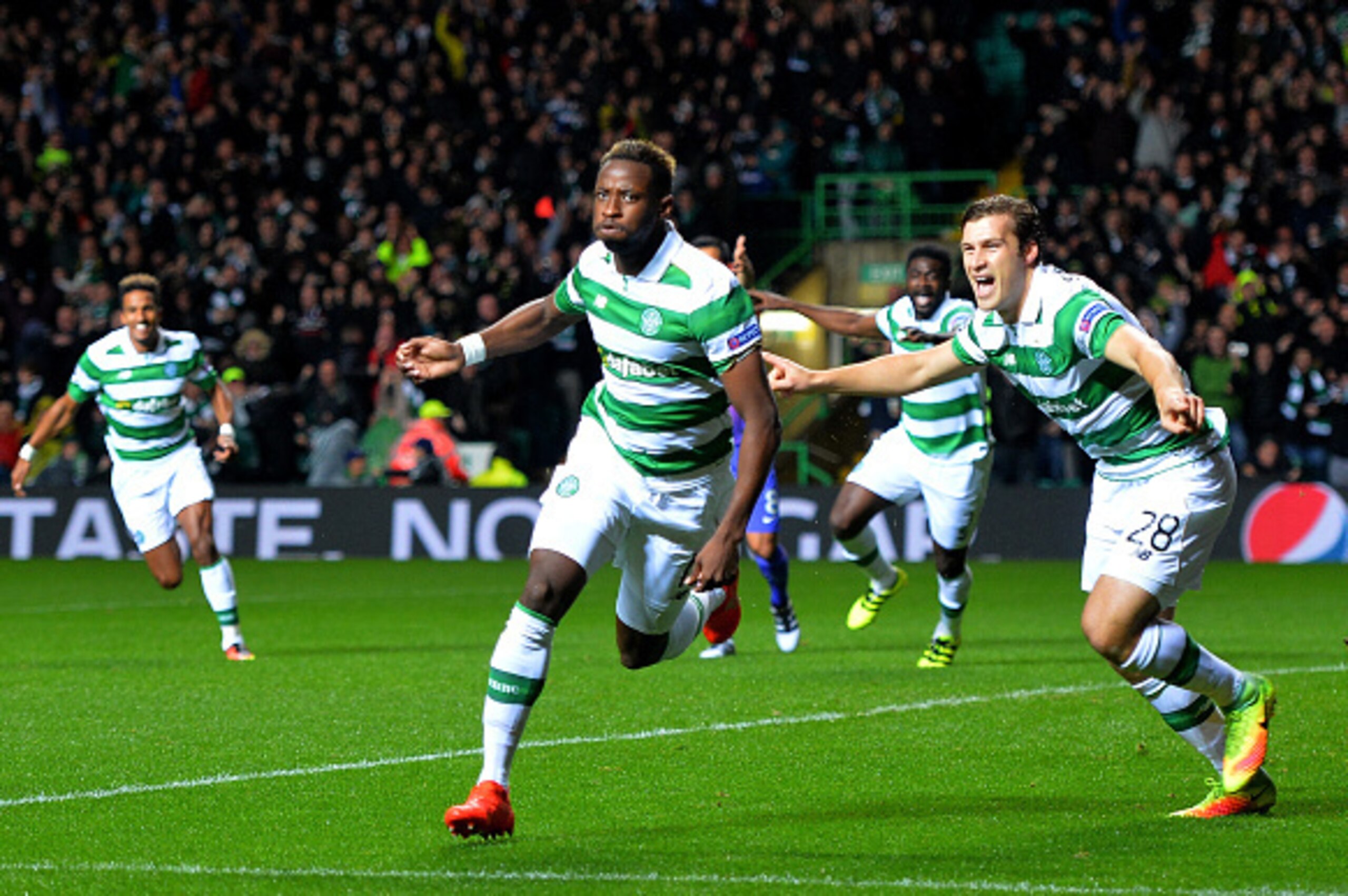 GLASGOW, SCOTLAND - SEPTEMBER 28:  Moussa Dembele of Celtic celebrates after scoring the opening goal during the UEFA Champions League group C match between Celtic FC and Manchester City FC at Celtic Park on September 28, 2016 in Glasgow, Scotland.  (Phot