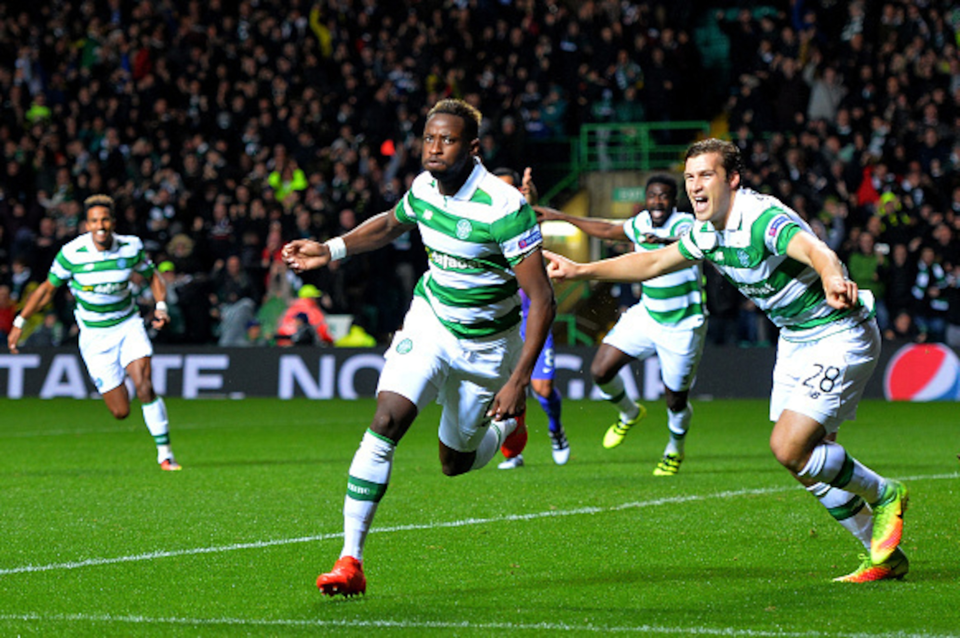 GLASGOW, SCOTLAND - SEPTEMBER 28:  Moussa Dembele of Celtic celebrates after scoring the opening goal during the UEFA Champions League group C match between Celtic FC and Manchester City FC at Celtic Park on September 28, 2016 in Glasgow, Scotland.  (Phot