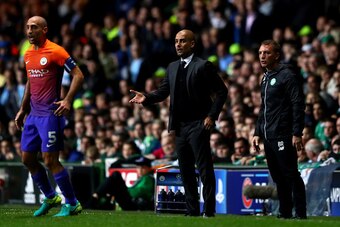 GLASGOW, SCOTLAND - SEPTEMBER 28:  Josep Guardiola, Manager of Manchester City reacts on the touchline during the UEFA Champions League group C match between Celtic FC and Manchester City FC at Celtic Park on September 28, 2016 in Glasgow, Scotland.  (Pho