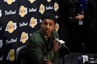 Mar 30, 2016; Los Angeles, CA, USA; Los Angeles Lakers forward Nick Young (0) at press conference related to guard D'Angelo Russell (1) at Staples Center. Mandatory Credit: Richard Mackson-USA TODAY Sports