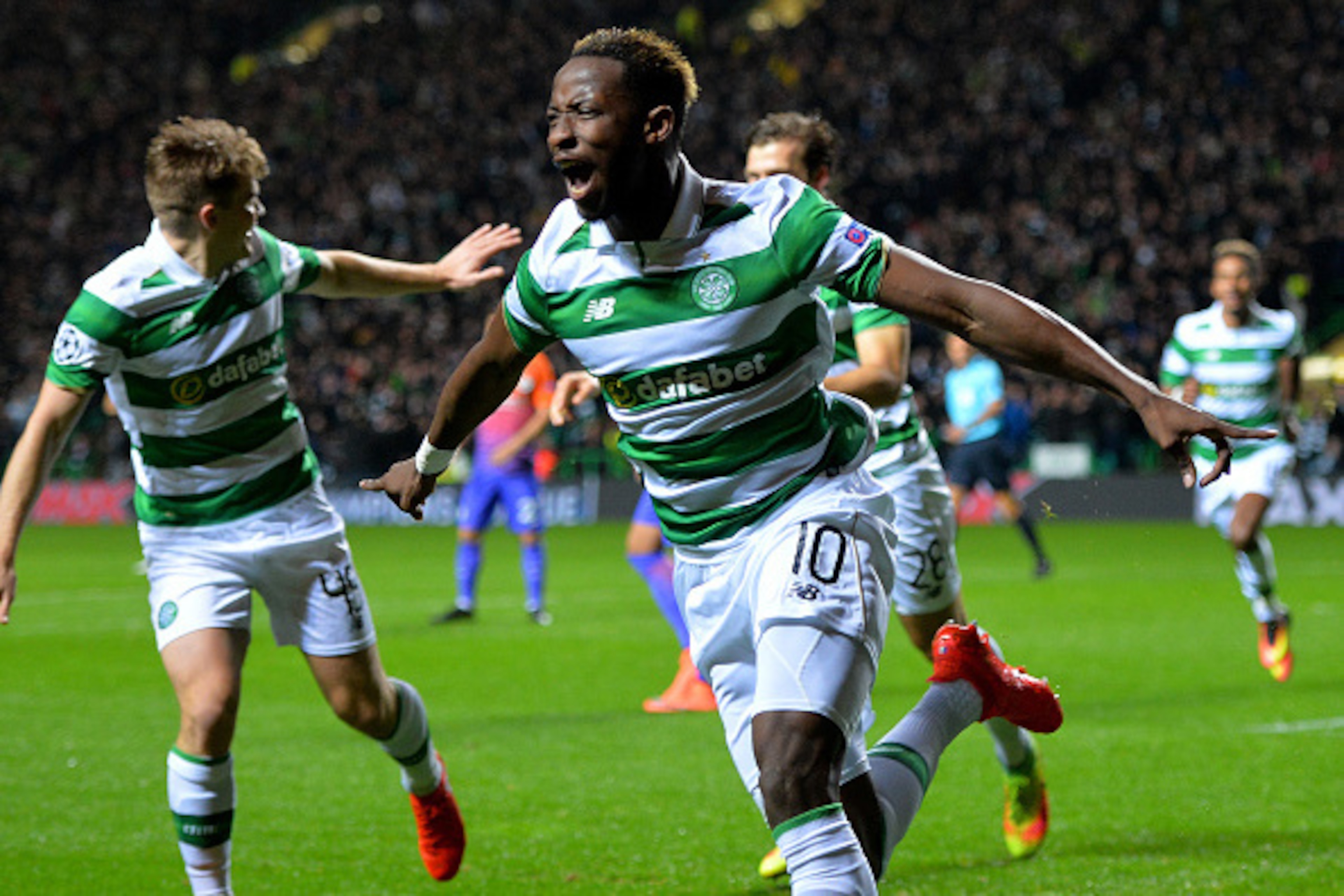 GLASGOW, SCOTLAND - SEPTEMBER 28:  Moussa Dembele of Celtic celebrates after scoring the opening goal during the UEFA Champions League group C match between Celtic FC and Manchester City FC at Celtic Park on September 28, 2016 in Glasgow, Scotland.  (Phot