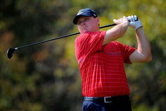 LOUISVILLE, KY - SEPTEMBER 21:  Chad Campbell of the USA team hits his tee shot on the fourth hole during the singles matches on the final day of the 2008 Ryder Cup at Valhalla Golf Club on September 21, 2008 in Louisville, Kentucky.  (Photo by Sam Greenw
