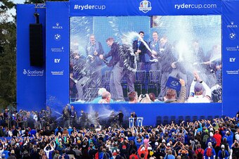 AUCHTERARDER, SCOTLAND - SEPTEMBER 28:  Europe team captain Paul McGinley celebrates winning the Ryder Cup with his team after the Singles Matches of the 2014 Ryder Cup on the PGA Centenary course at the Gleneagles Hotel on September 28, 2014 in Auchterar