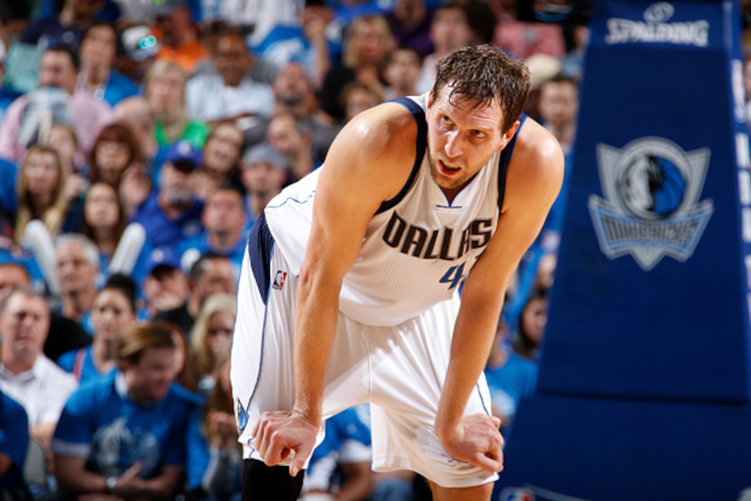 DALLAS, TX - APRIL 23:  A close up shot of Dirk Nowitzki #41 of the Dallas Mavericks in Game Three of the Western Conference Quarterfinals against the Oklahoma City Thunder during the 2016 NBA Playoffs on April 23, 2016 at the American Airlines Center in 