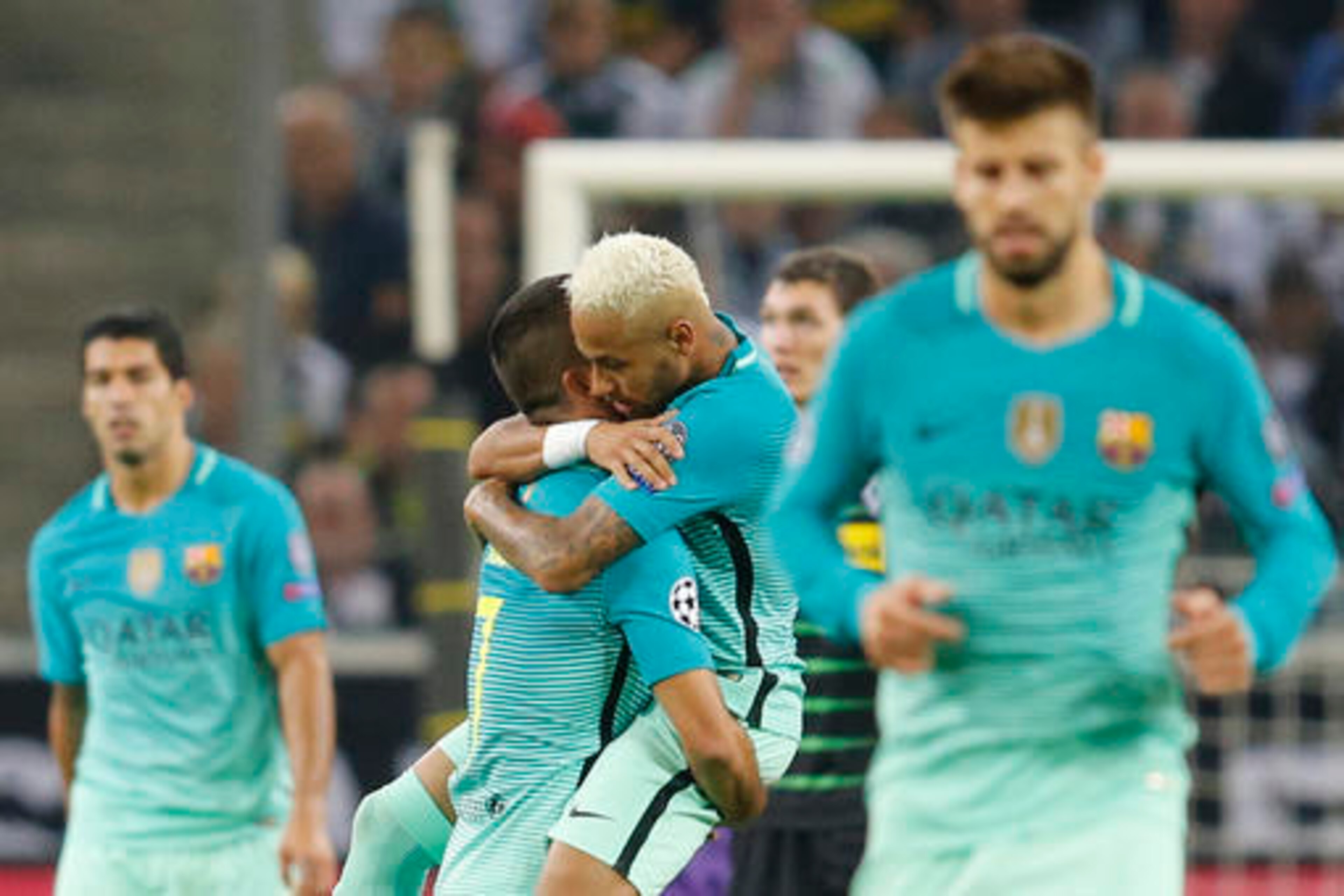 Neymar hugs Arda Turan after the Turk's goal. Neymar hugs Arda Turan after the Turk's goal.