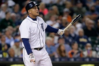 DETROIT, MI - SEPTEMBER 12:  Miguel Cabrera #24 of the Detroit Tigers watches his solo home run against the Minnesota Twins during the eighth inning at Comerica Park on September 12, 2016 in Detroit, Michigan. The Tigers defeated the Twins 4-2. (Photo by 