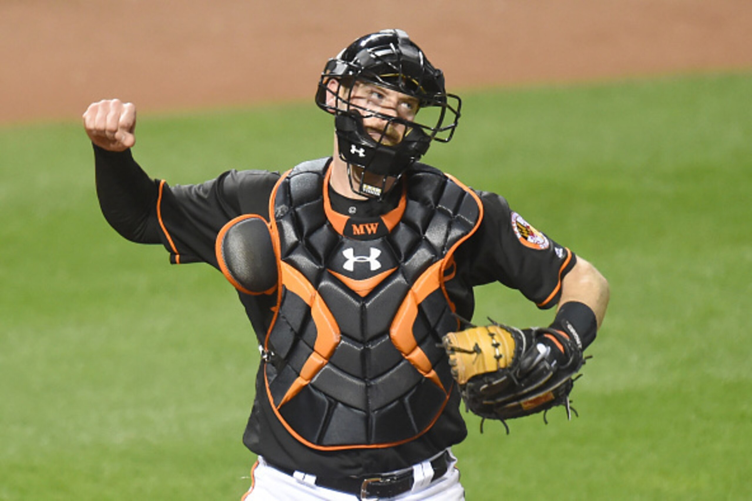 BALTIMORE, MD - SEPTEMBER 16:  Matt Wieters #32 of the Baltimore Orioles celebrates a win after a baseball game against the against the Tampa Bay Rays at Oriole Park at Camden Yards on September 16, 2016 in Baltimore, Maryland.  The Orioles won 5-4.  (Pho