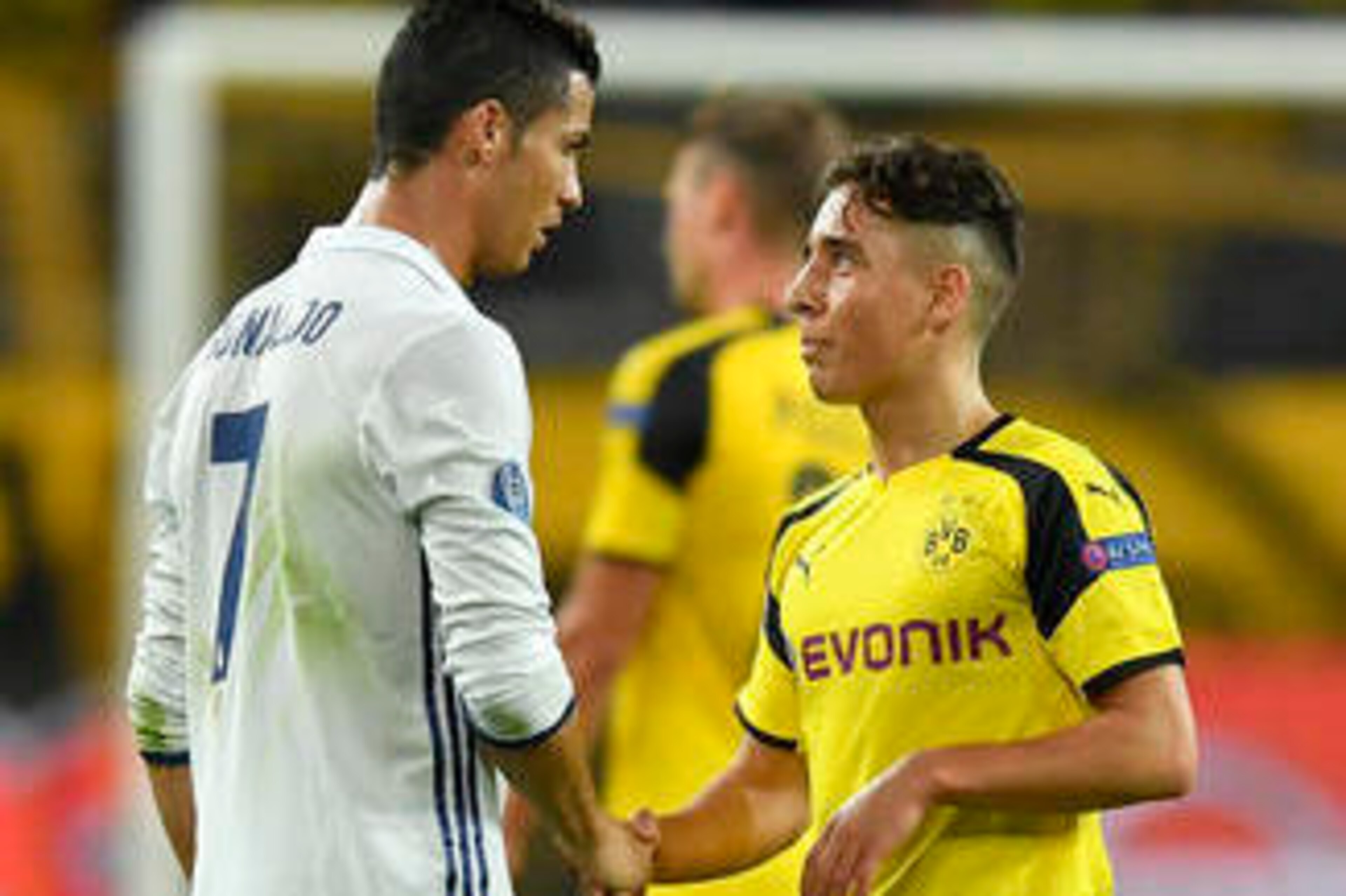 Game recognises game: Cristiano Ronaldo and Emre Mor shake hands.