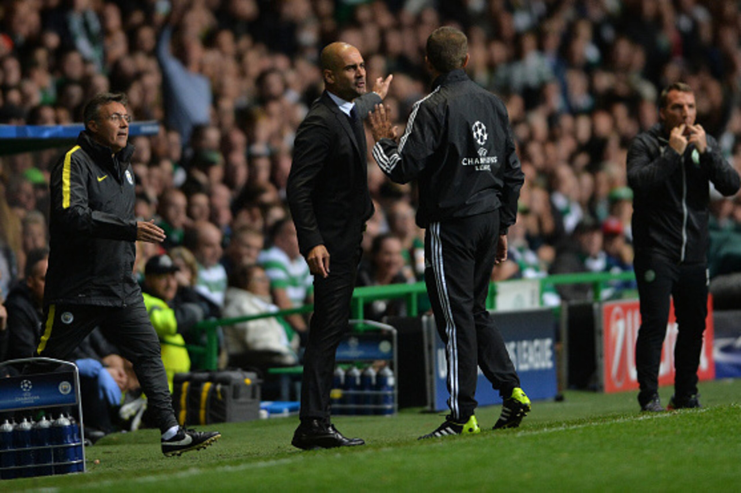GLASGOW, SCOTLAND - SEPTEMBER 28: Manchester City manger Pep Guardiola has words with the fourth official during the UEFA Champions League match between Celtic FC and Manchester City FC at Celtic Park on September 28, 2016 in Glasgow, Scotland. (Photo by 