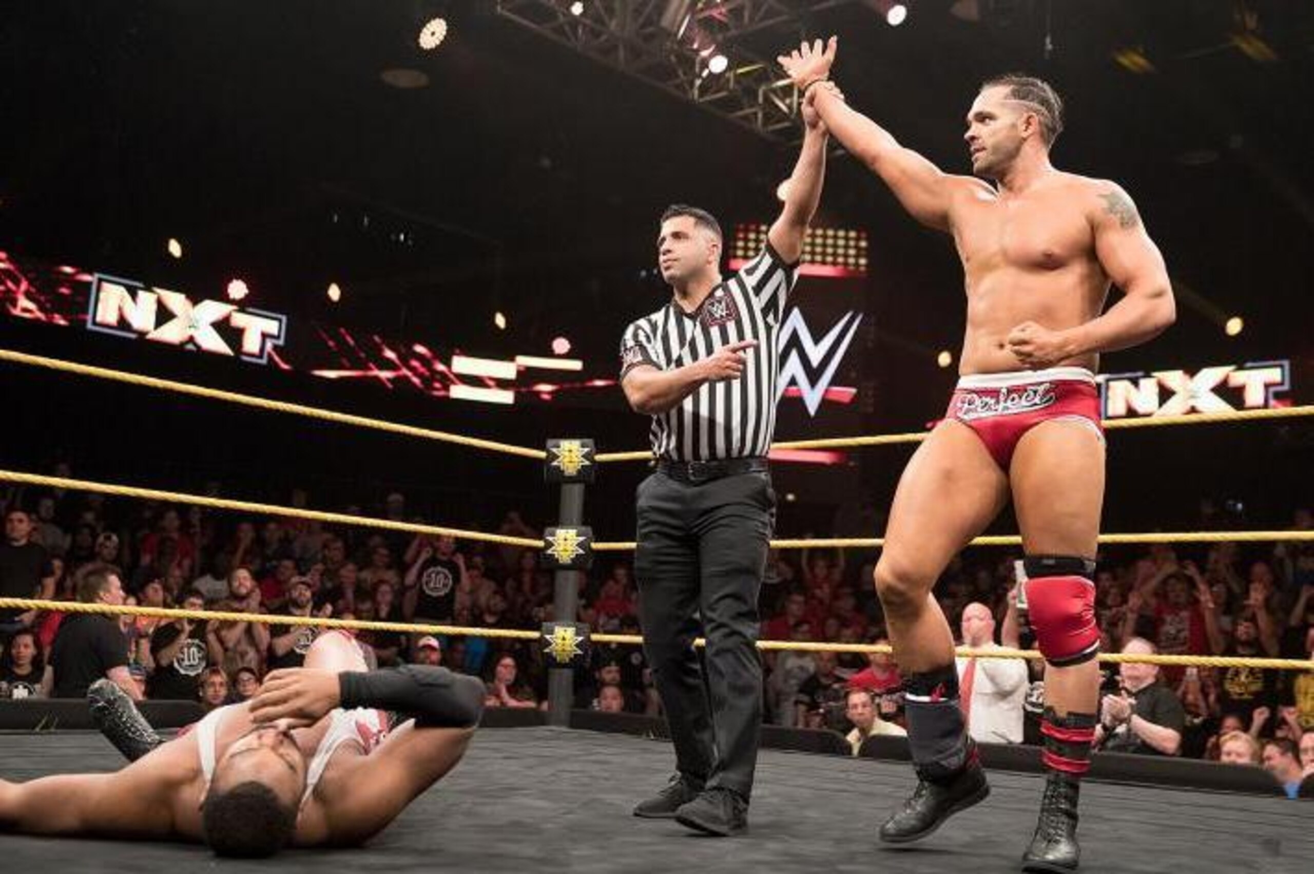 Tye Dillinger celebrates a win over Angelo Dawkins. Tye Dillinger celebrates a win over Angelo Dawkins.