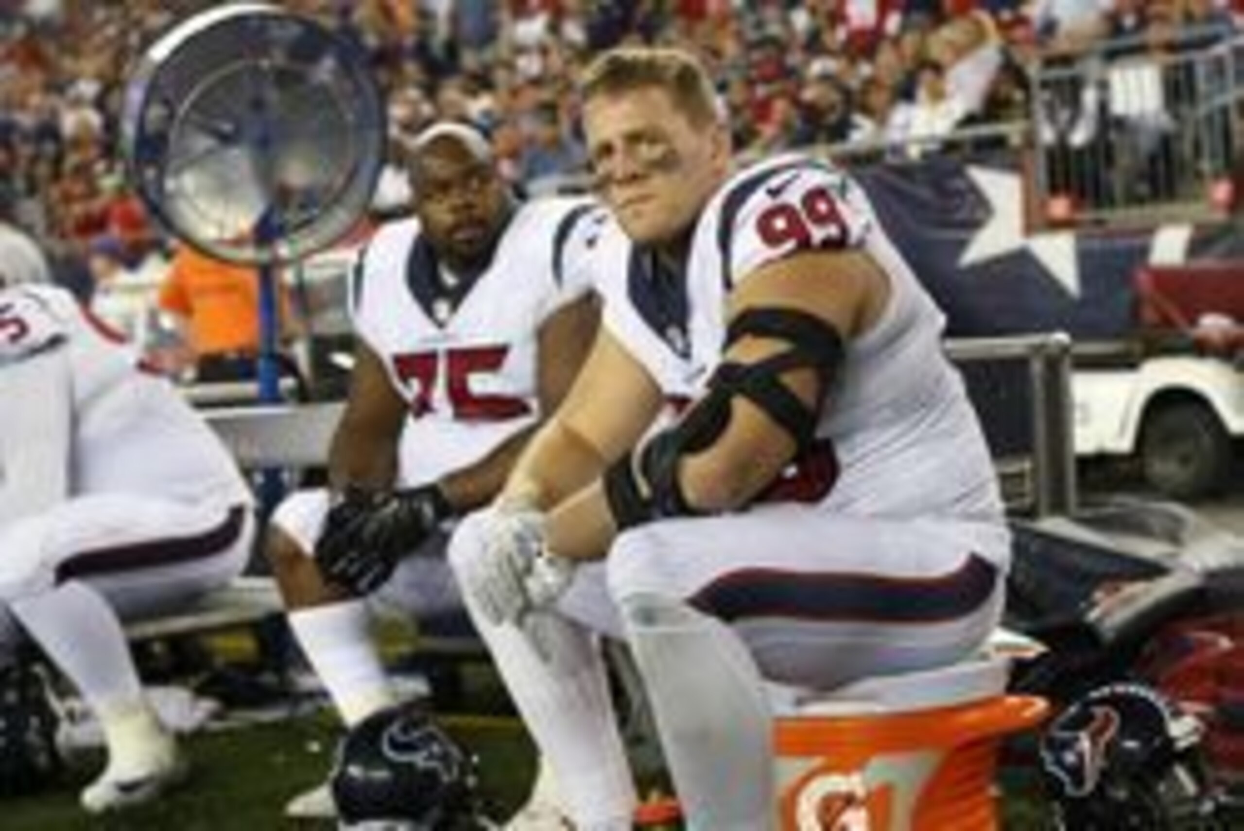 Sep 22, 2016; Foxborough, MA, USA;  Houston Texans defensive end J.J. Watt (99) and nose tackle Vince Wilfork (75) sit on the bench during the second half against the New England Patriots at Gillette Stadium. Mandatory Credit: Winslow Townson-USA TODAY Sp