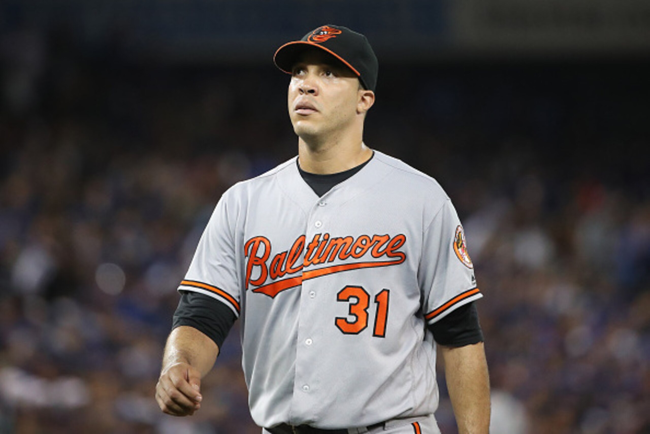 TORONTO, CANADA - SEPTEMBER 29: Ubaldo Jimenez #31 of the Baltimore Orioles exits the game as he is relieved in the seventh inning during MLB game action against the Toronto Blue Jays on September 29, 2016 at Rogers Centre in Toronto, Ontario, Canada. (Ph