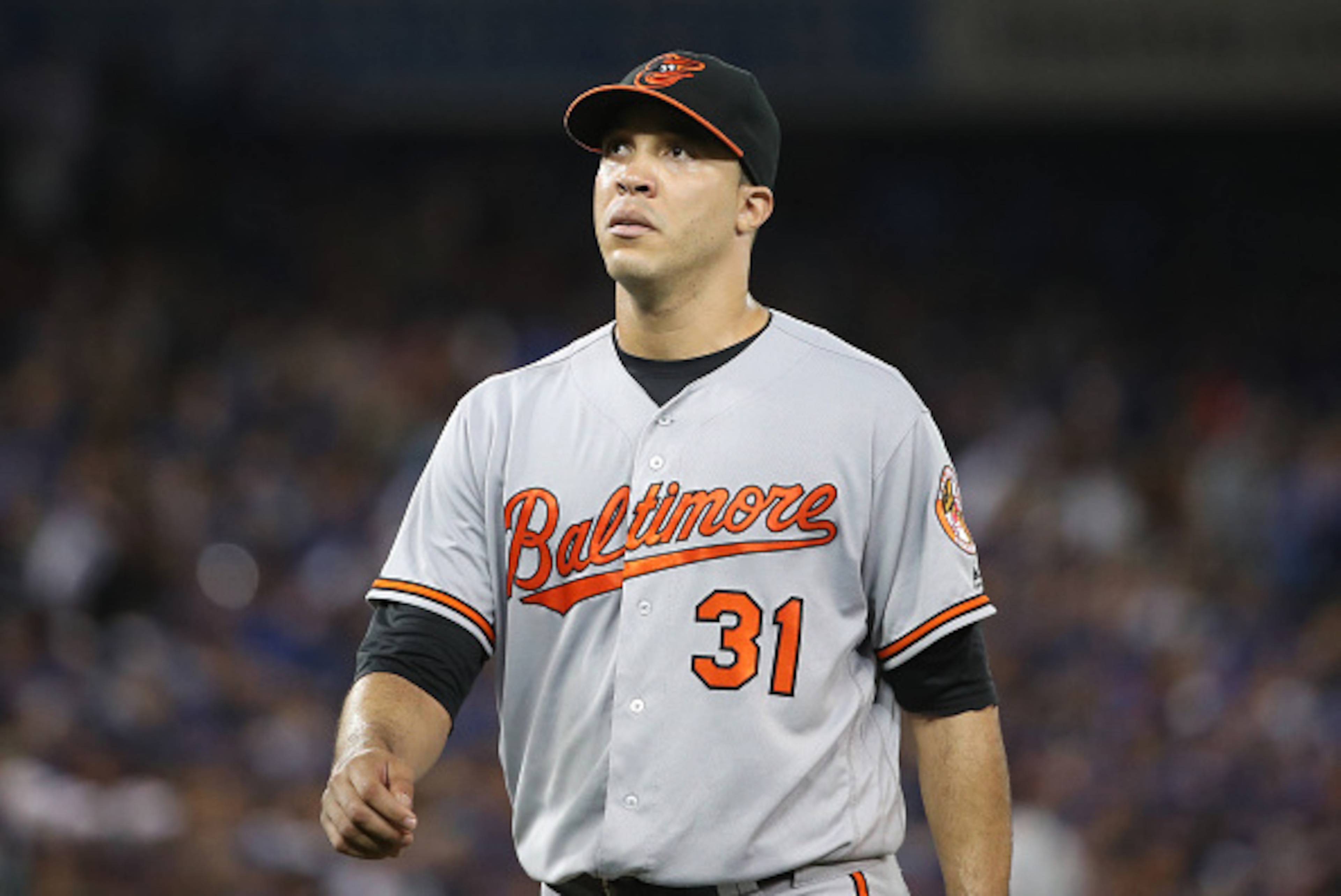 TORONTO, CANADA - SEPTEMBER 29: Ubaldo Jimenez #31 of the Baltimore Orioles exits the game as he is relieved in the seventh inning during MLB game action against the Toronto Blue Jays on September 29, 2016 at Rogers Centre in Toronto, Ontario, Canada. (Ph