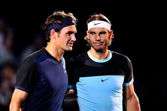 BASEL, SWITZERLAND - NOVEMBER 01:  Roger Federer of Switzerland and Rafael Nadal  of Spain pose prior the final match of the Swiss Indoors ATP 500 tennis tournament at St Jakobshalle on November 1, 2015 in Basel, Switzerland  (Photo by Harold Cunningham/G