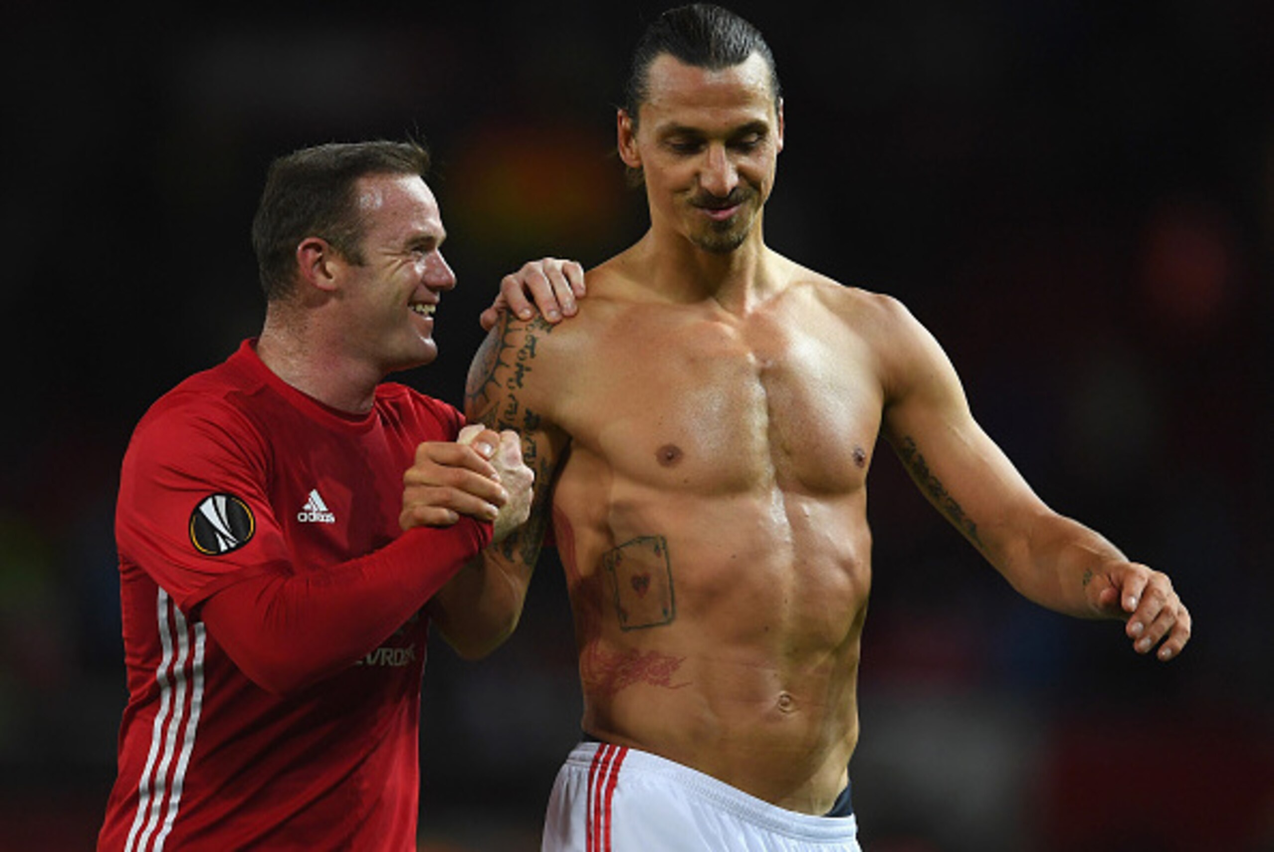 MANCHESTER, ENGLAND - SEPTEMBER 29:  Wayne Rooney and Zlatan Ibrahimovic of Manchester United celebrate following their sides 1-0 victory during the UEFA Europa League group A match between Manchester United FC and FC Zorya Luhansk at Old Trafford on Sept