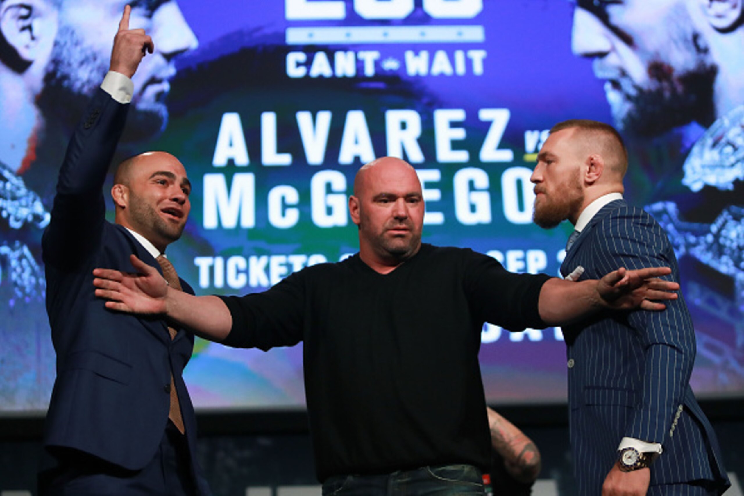 NEW YORK, NY - SEPTEMBER 27:  Conor McGregor and Eddie Alvarez face-off as UFC president Dana White breaks them up at the UFC 205 press conference at The Theater at Madison Square Garden on September 27, 2016 in New York City.  (Photo by Michael Reaves/Ge