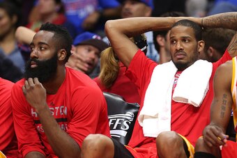 LOS ANGELES, CA - MAY 10:  Trevor Ariza #1 (R) and james harden #13 of the Houston Rockets react as they sit on the bench in the closing minutes of the fourth quarter against the Los Angeles Clippers during Game Four of the Western Conference semifinals o