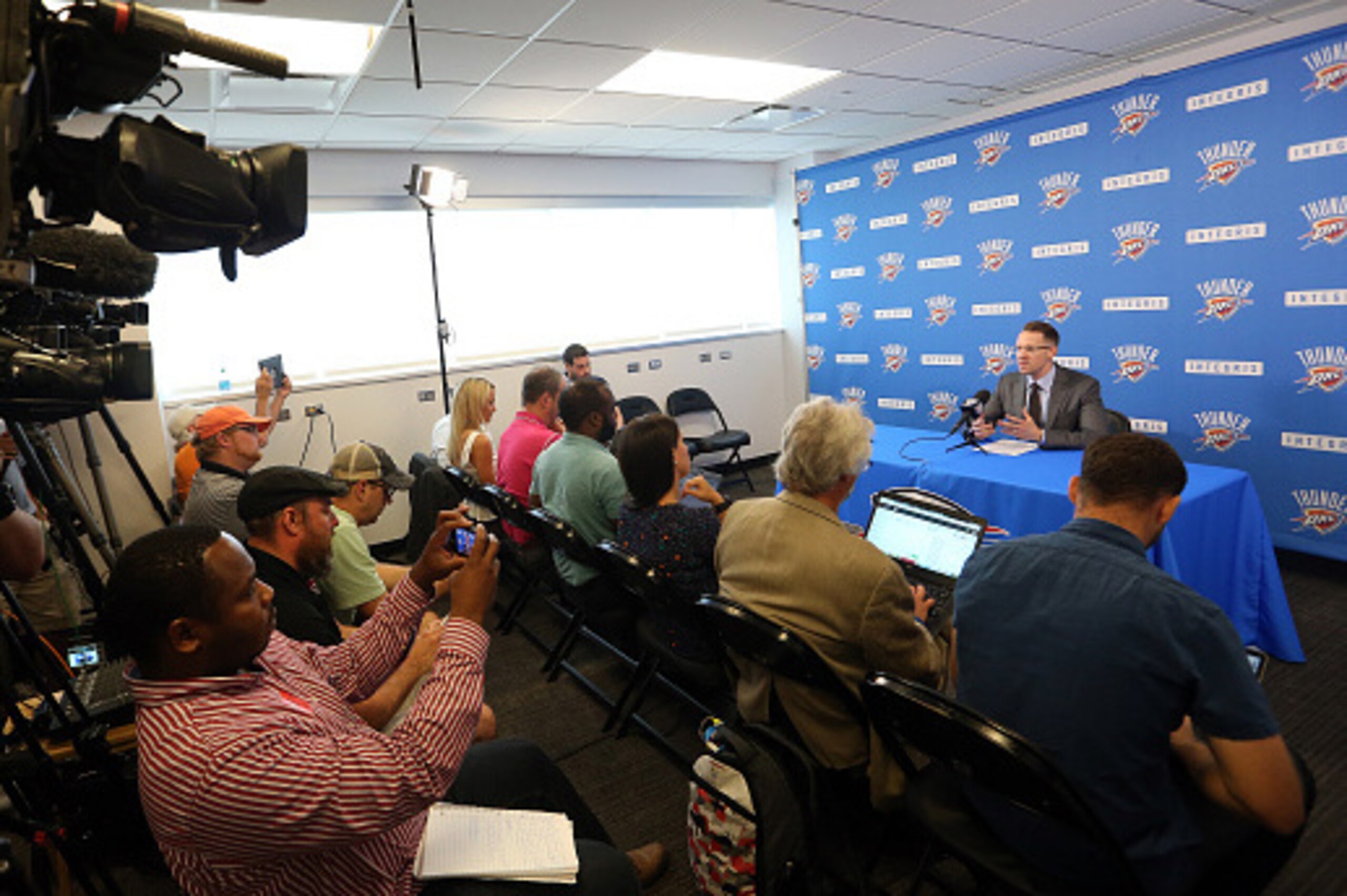 OKLAHOMA CITY, OK - SEPTEMBER 21:  Oklahoma City Thunder general manager and executive vice president Sam Presti addresses the media on September 21, 2016 at the Integris Health Thunder Development Center in Oklahoma City, Oklahoma. NOTE TO USER: User exp