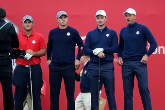 CHASKA, MN - SEPTEMBER 30: Patrick Reed and Jordan Spieth of the United States stand on the first tee with Justin Rose and Henrik Stenson of Europe during morning foursome matches of the 2016 Ryder Cup at Hazeltine National Golf Club on September 30, 2016
