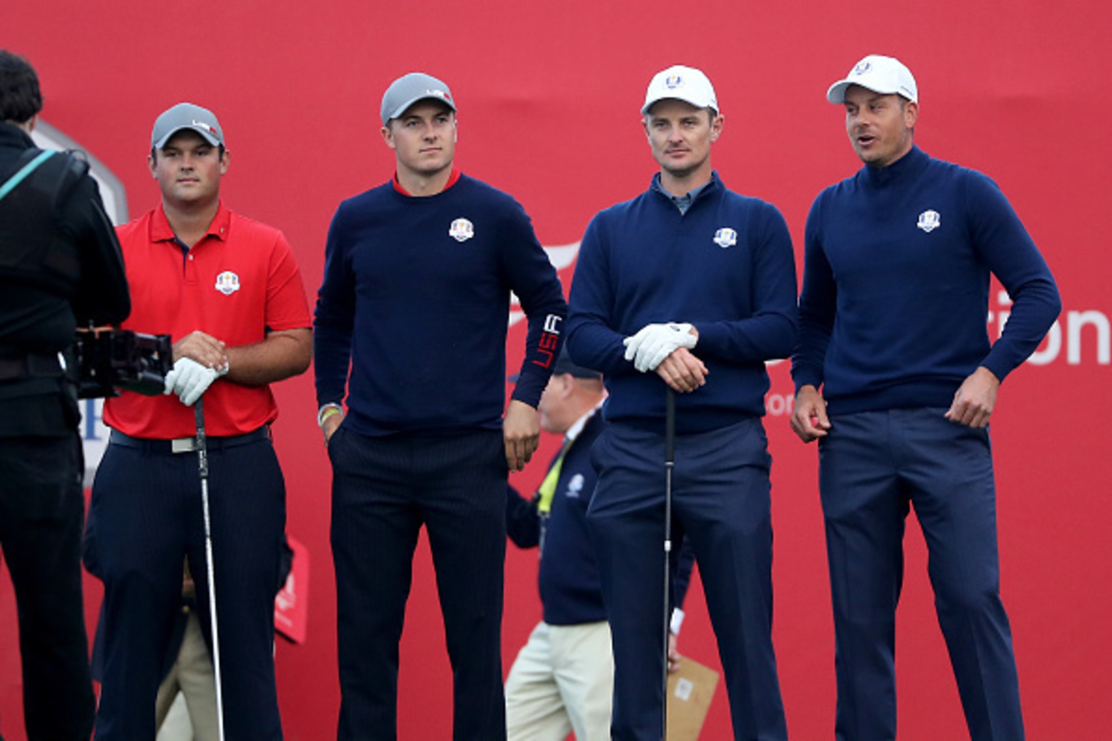 CHASKA, MN - SEPTEMBER 30: Patrick Reed and Jordan Spieth of the United States stand on the first tee with Justin Rose and Henrik Stenson of Europe during morning foursome matches of the 2016 Ryder Cup at Hazeltine National Golf Club on September 30, 2016
