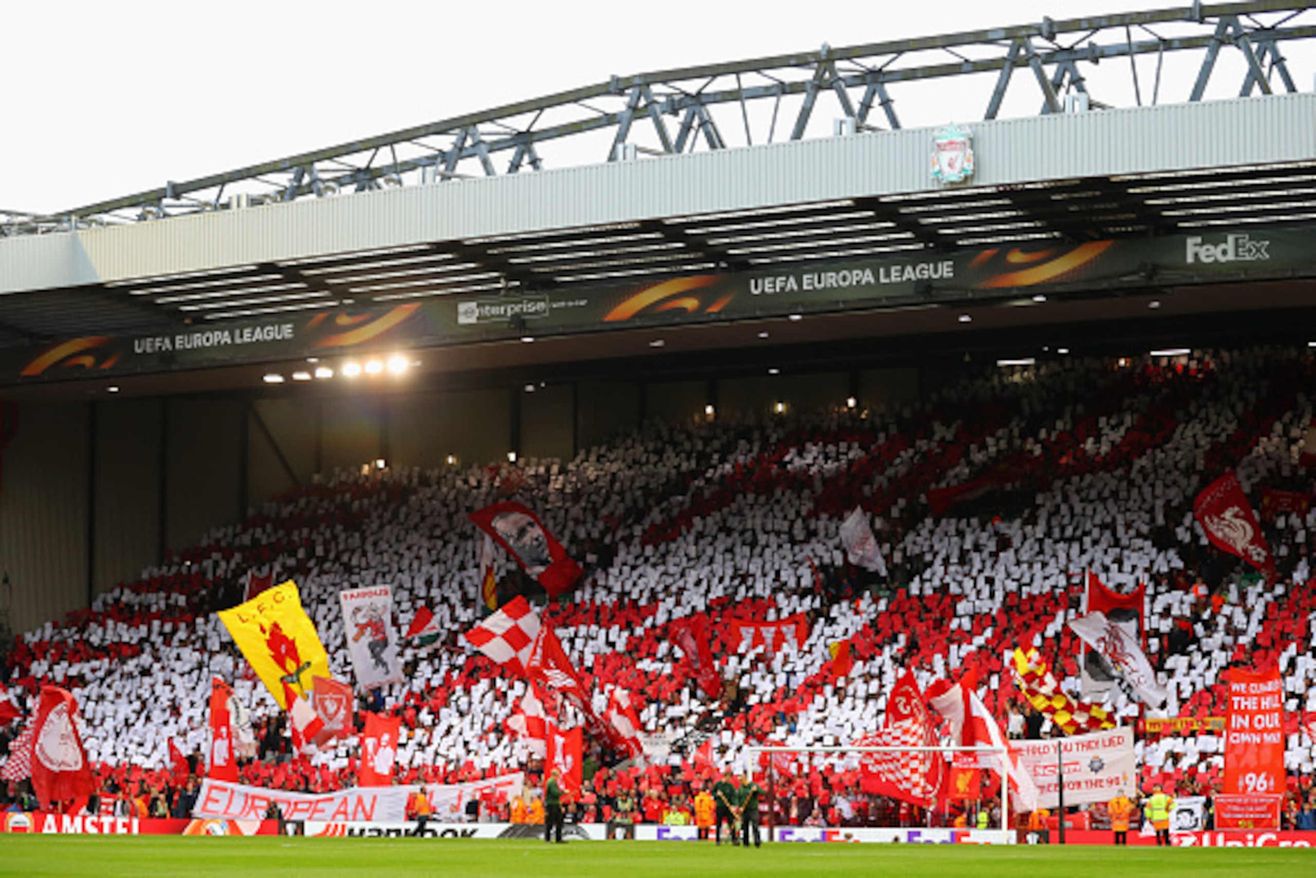 LIVERPOOL, UNITED KINGDOM - MAY 05:  Liverpool fans on The Kop welcome the teams prior to the UEFA Europa League semi final second leg match between Liverpool and Villarreal CF at Anfield on May 5, 2016 in Liverpool, England.  (Photo by Richard Heathcote/