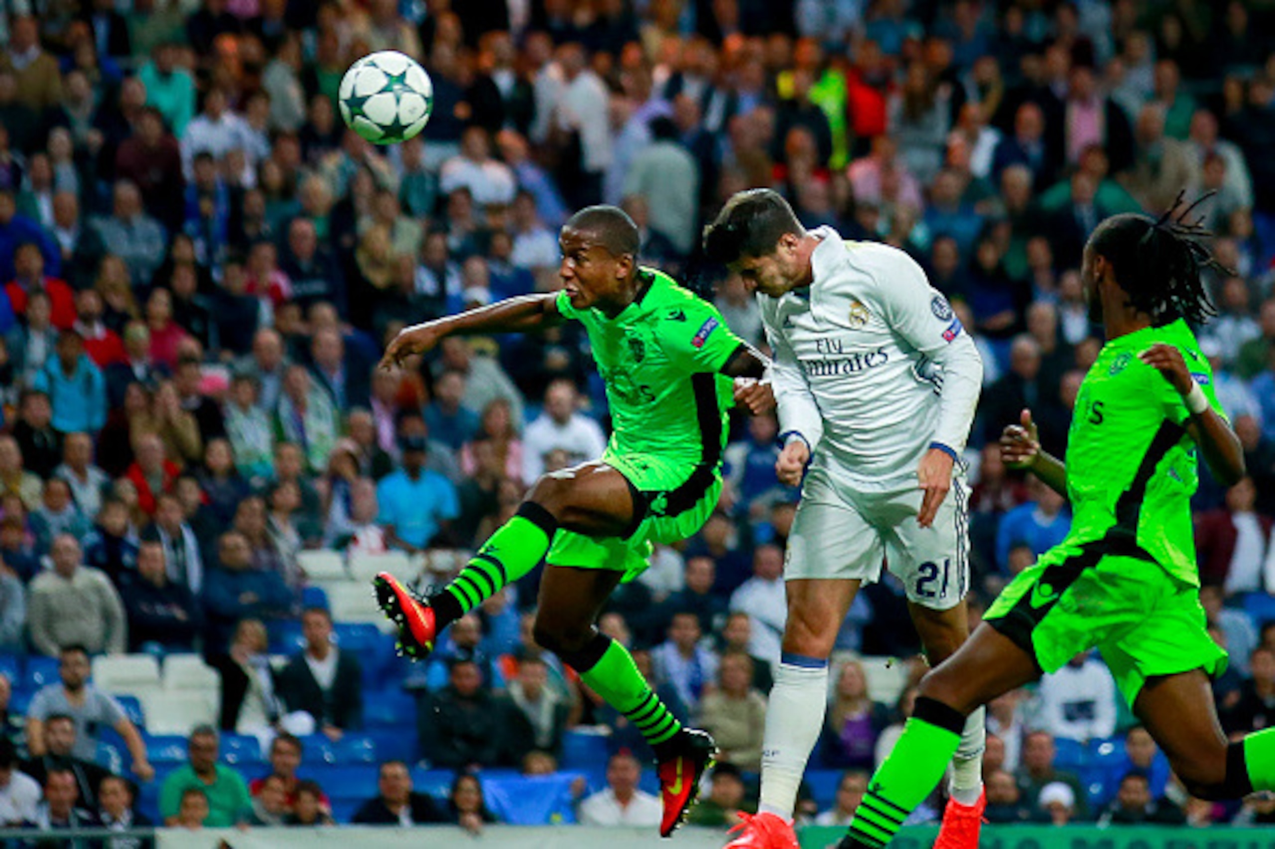 MADRID, SPAIN - SEPTEMBER 14: Alvaro Morata (R) of Real Madrid CF scores their second goal during the UEFA Champions League group stage match between Real Madrid CF and Sporting Clube de Portugal at Santiago Bernabeu stadium on September 14, 2016 in Madr MADRID, SPAIN - SEPTEMBER 14: Alvaro Morata (R) of Real Madrid CF scores their second goal during the UEFA Champions League group stage match between Real Madrid CF and Sporting Clube de Portugal at Santiago Bernabeu stadium on September 14, 2016 in Madr