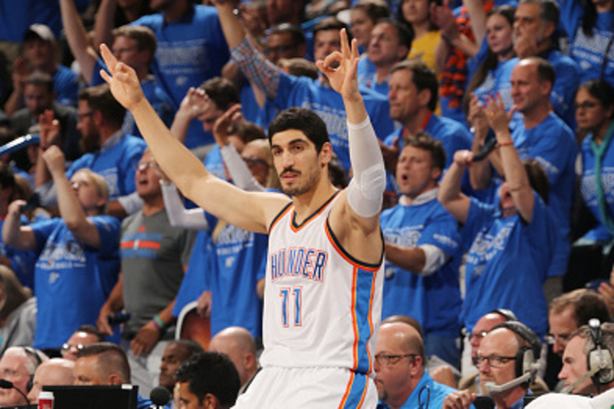 OKLAHOMA CITY, OK- MAY 28:  Enes Kanter #11 of the Oklahoma City Thunder celebrates during the game against the Golden State Warriors in Game Six of the Western Conference Finals during the 2016 NBA Playoffs on May 28, 2016 at Chesapeake Energy Arena in O