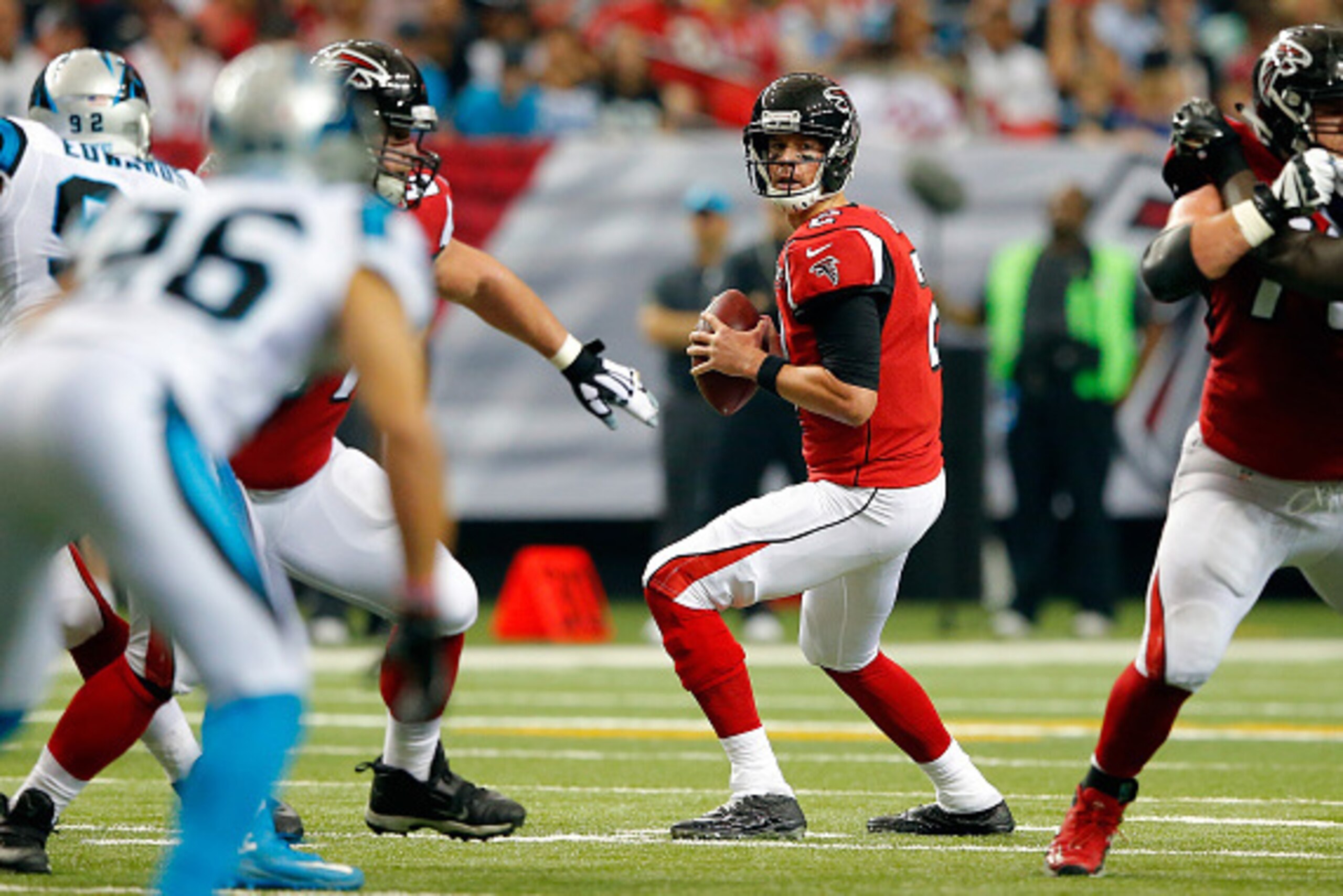 ATLANTA, GA - DECEMBER 27: Matt Ryan #2 of the Atlanta Falcons drops back to pass during the second half against the Carolina Panthers at the Georgia Dome on December 27, 2015 in Atlanta, Georgia.  (Photo by Kevin C. Cox/Getty Images)