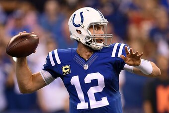 INDIANAPOLIS, IN - SEPTEMBER 25:  Andrew Luck #12 of the Indianapolis Colts drops back to pass during a game against the San Diego Chargers at Lucas Oil Stadium on September 25, 2016 in Indianapolis, Indiana.  The Colts defeated the Chargers 26-22.  (Phot