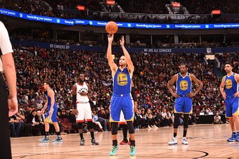 VANCOUVER, BC - OCTOBER 1:  Stephen Curry #30 of the Golden State Warriors prepares to shoot a free throw against the Toronto Raptors during a preseason game on October 1, 2016 at Rogers Arena in Vancouver, British Columbia, Canada. NOTE TO USER: User exp
