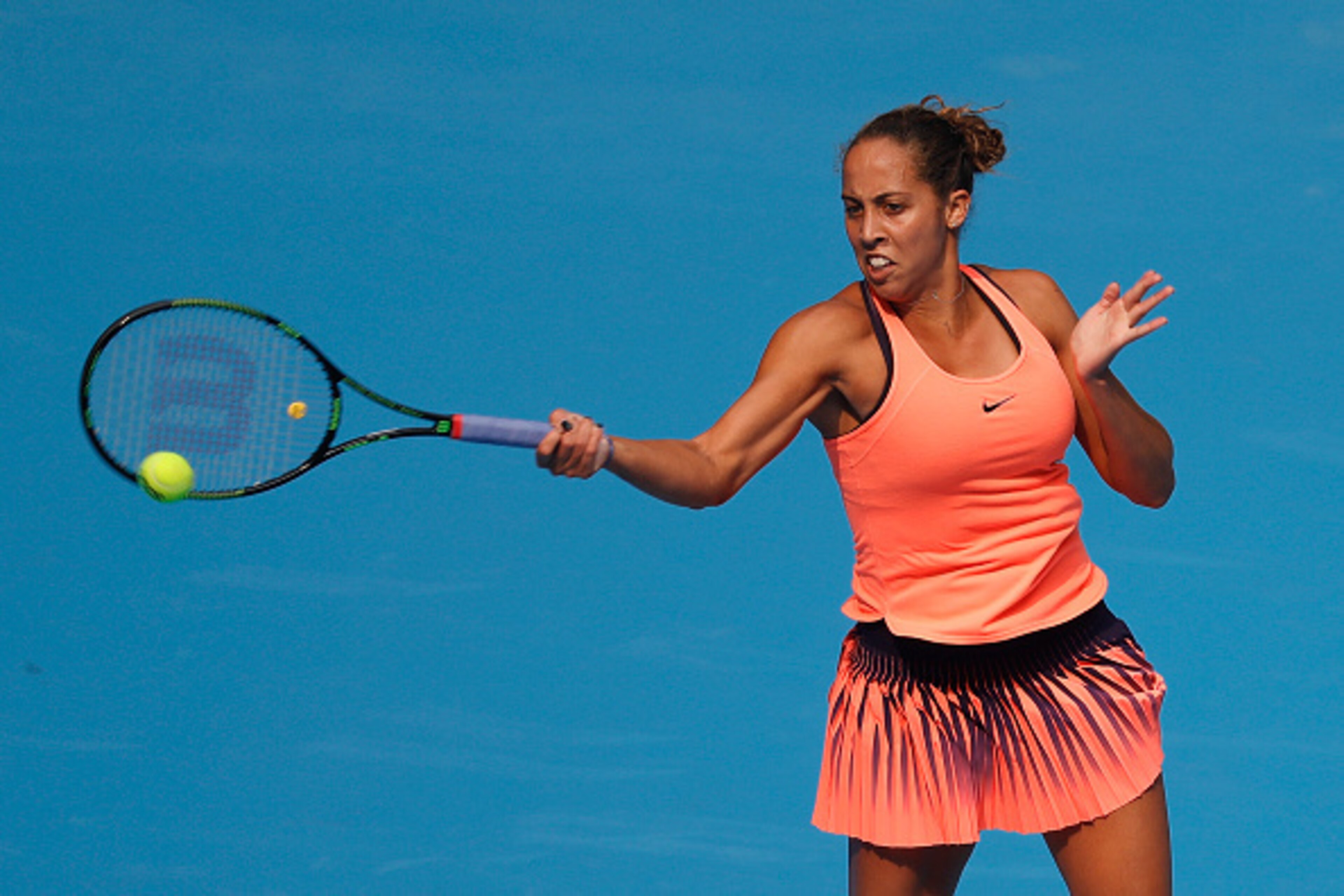 BEIJING, CHINA - OCTOBER 02: Madison Keys of the United States returns a shot against Duan Yingying of China during the Women's singles first round match on day two of the 2016 China Open at the China National Tennis Centre on October 2, 2016 in Beijing, BEIJING, CHINA - OCTOBER 02: Madison Keys of the United States returns a shot against Duan Yingying of China during the Women's singles first round match on day two of the 2016 China Open at the China National Tennis Centre on October 2, 2016 in Beijing,