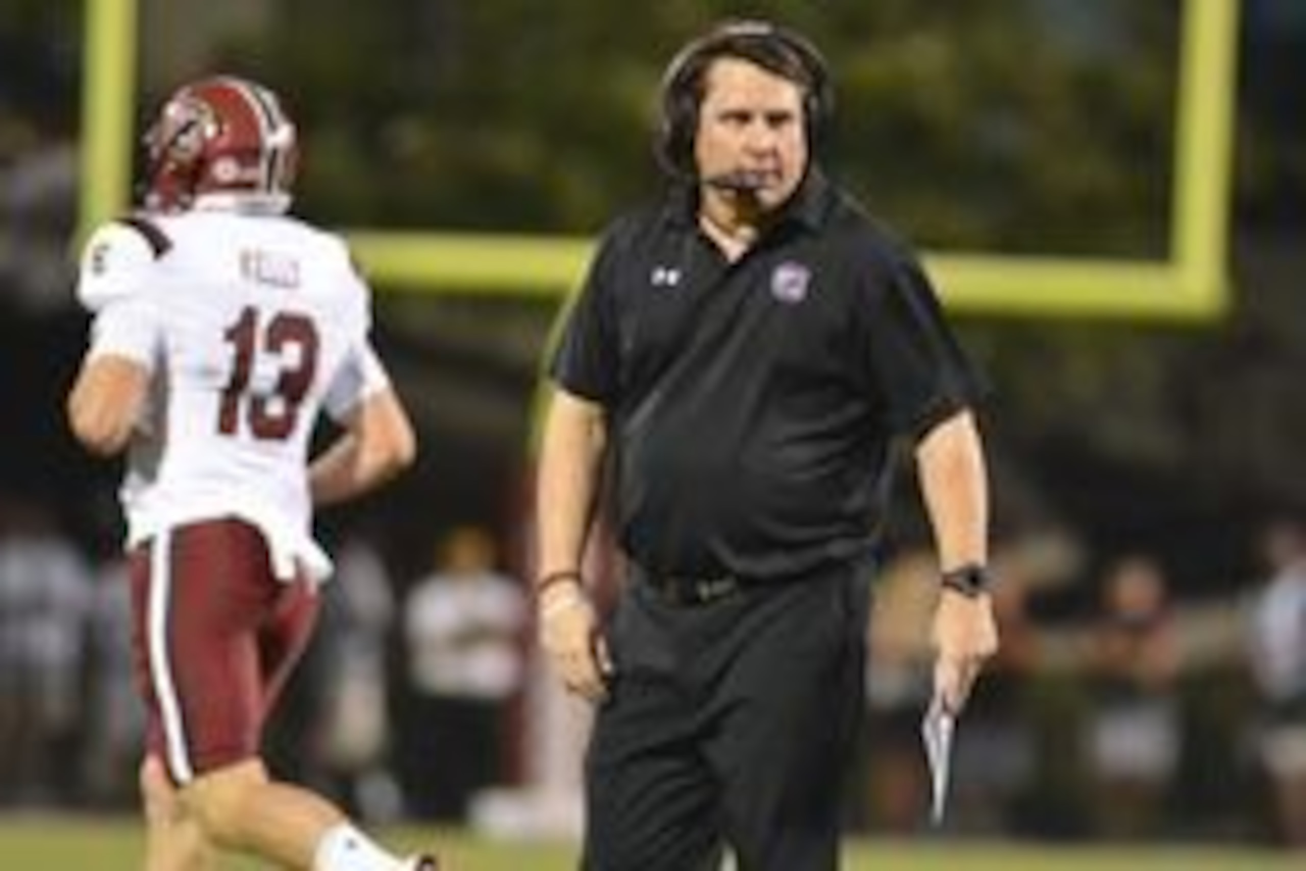 Sep 10, 2016; Starkville, MS, USA; South Carolina Gamecocks head coach Will Muschamp talks into his headset during the second half of the game against the Mississippi State Bulldogs at Davis Wade Stadium. Mississippi State won 27-14. Mandatory Credit: M Sep 10, 2016; Starkville, MS, USA; South Carolina Gamecocks head coach Will Muschamp talks into his headset during the second half of the game against the Mississippi State Bulldogs at Davis Wade Stadium. Mississippi State won 27-14. Mandatory Credit: M