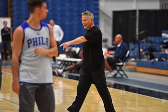 STOCKTON, NJ - SEPTEMBER 27:  Brett Brown of the Philadelphia 76ers coaches during practice at Stockton University on September 27, 2016 in Camden, New Jersey. NOTE TO USER: User expressly acknowledges and agrees that, by downloading and/or using this Pho