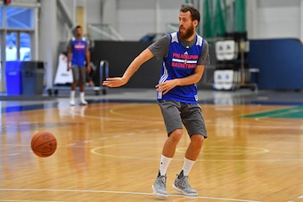 STOCKTON, NJ - SEPTEMBER 27:  Sergio Rodriguez #14 of the Philadelphia 76ers passes the ball during practice at Stockton University on September 27, 2016 in Camden, New Jersey. NOTE TO USER: User expressly acknowledges and agrees that, by downloading and/
